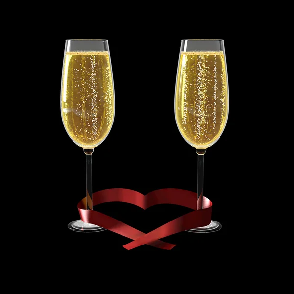 Dois copos de champanhe bom e um coração de fita em forma — Fotografia de Stock