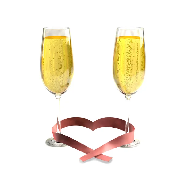 Due bicchieri di buon champagne e un nastro a forma di cuore — Foto Stock