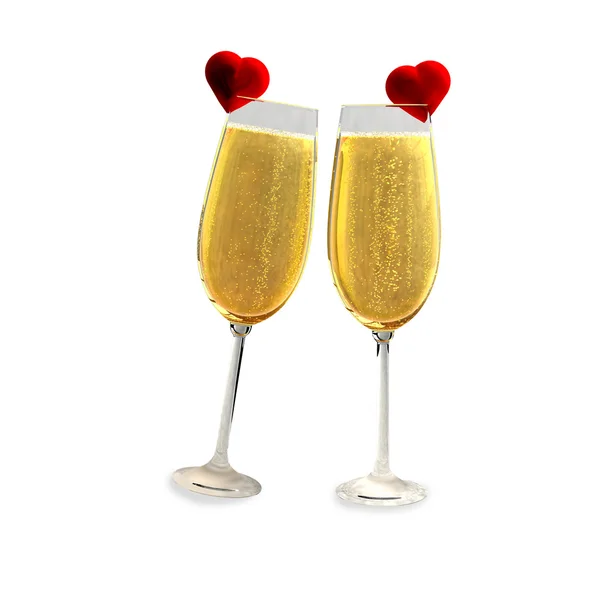 Two champagne glasses with two red hearts — Stock Photo, Image