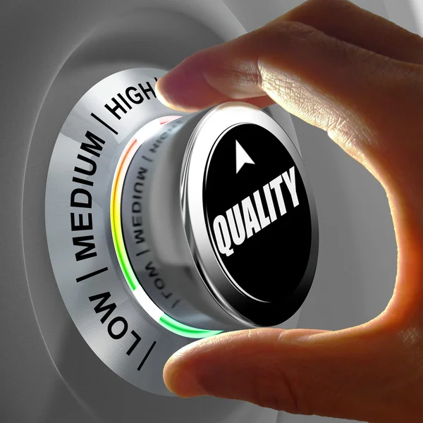 Hand rotating a button and selecting the level of quality. — Stock Photo, Image