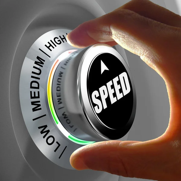 Hand rotating a button and selecting the level of speed. — Stock Photo, Image