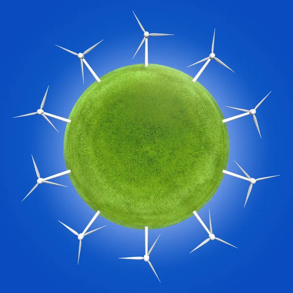 Wind turbines around a green planet symbolizing clean energies. — Stock Photo, Image