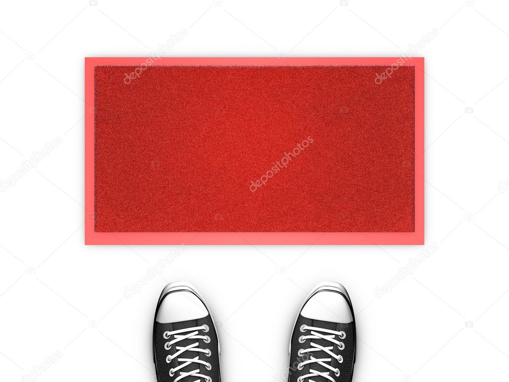 Concept illustration showing shoes in front of a red door map. Copy space available.