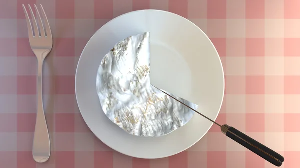 Cutting a portion of creamy cheese on a plate. — Stock Photo, Image