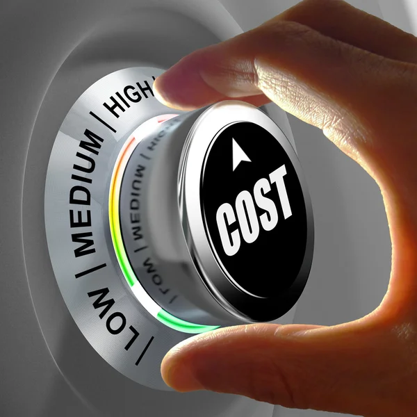 How much does it cost? Hand adjusting a Low to high cost button. — Stock Photo, Image