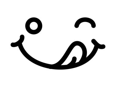 Tatlı, nefis, gülen yüz simgesi, dil yalayan ağız, lezzetli yiyeceklerin sembolü. Yemek, emoji ve eğlenceli temalar için beyaz arkaplan üzerinde temiz çizgi film tarzında mükemmel vektör ifade tasarımı.