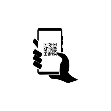 QR kod tarama simgesi olan akıllı telefonu tutan bir elin vektör çizimi. Dijital ödeme, web ve mobil uygulamalar, tanıtım pazarlaması, nakitsiz işlemler ve fintech hizmetleri için barkod tarayıcı kavramı.