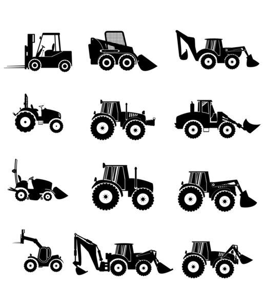Vector collection tractor and silhouettes.