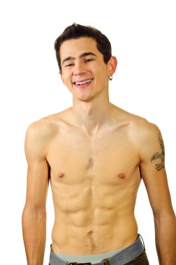 Smiling man with naked torso. Isolated