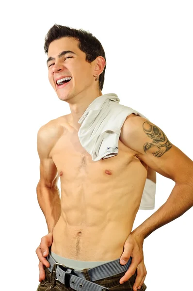 Handsome guy with nude body burst out laughing — Stockfoto