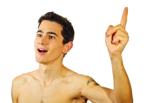 Rapturous guy pointing upwards with his finger — Stock Photo, Image