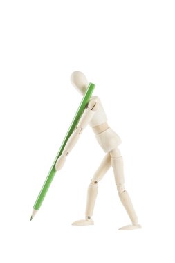 renkli kalemle ayakta ahşap vitrin mankeni