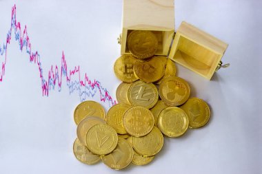Cryptocurrencies emptied from a wooden box. In the background is a graph with a declining trend.