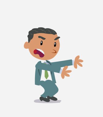 Çok kızgın bir çizgi film karakteri olan işadamı bir şeyi işaret ediyor.