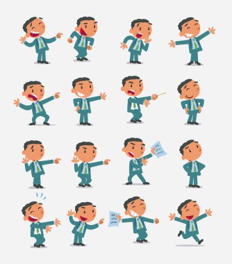  Çizgi film karakteri iş adamı. Farklı duruş, tutum ve pozlarla belirlenmiş, izole vektör illüstrasyonlarında farklı aktiviteler yapan