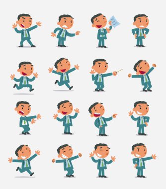  Çizgi film karakteri iş adamı. Farklı duruş, tutum ve pozlarla belirlenmiş, izole vektör illüstrasyonlarında farklı aktiviteler yapan