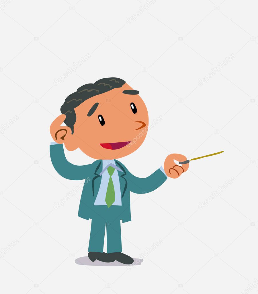 cartoon character of businessman doubts while pointing with a pointer