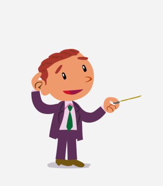 İşadamı şüphesinin çizgi film karakteri bir işaretçiyle işaret ederken