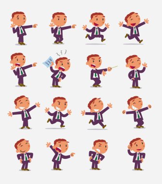 Çizgi film karakteri iş adamı. Farklı duruş, tutum ve pozlarla belirlenmiş, izole vektör illüstrasyonlarında farklı aktiviteler yapan.