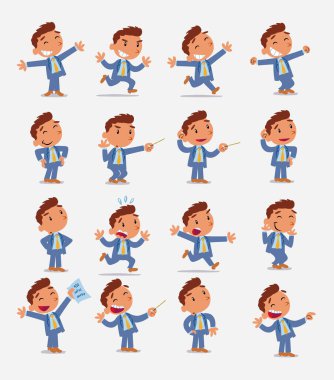 Çizgi film karakteri iş adamı. Farklı duruş, tutum ve pozlarla belirlenmiş, izole vektör illüstrasyonlarında farklı aktiviteler yapan.