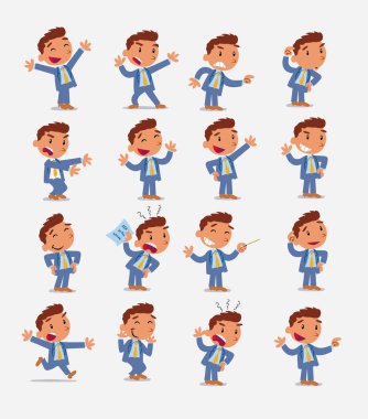 Çizgi film karakteri iş adamı. Farklı duruş, tutum ve pozlarla belirlenmiş, izole vektör illüstrasyonlarında farklı aktiviteler yapan.