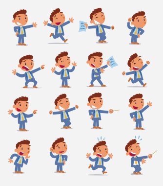 Çizgi film karakteri iş adamı. Farklı duruş, tutum ve pozlarla belirlenmiş, izole vektör illüstrasyonlarında farklı aktiviteler yapan.