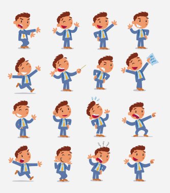 Çizgi film karakteri iş adamı. Farklı duruş, tutum ve pozlarla belirlenmiş, izole vektör illüstrasyonlarında farklı aktiviteler yapan.