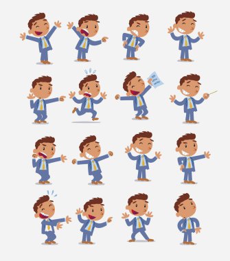 Çizgi film karakteri iş adamı. Farklı duruş, tutum ve pozlarla belirlenmiş, izole vektör illüstrasyonlarında farklı aktiviteler yapan.