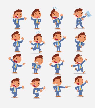 Çizgi film karakteri iş adamı. Farklı duruş, tutum ve pozlarla belirlenmiş, izole vektör illüstrasyonlarında farklı aktiviteler yapan.