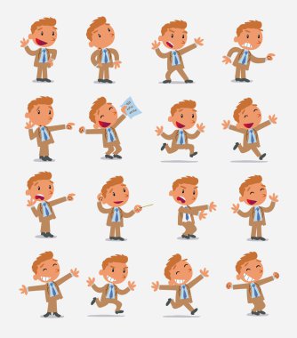 Çizgi film karakteri iş adamı. Farklı duruş, tutum ve pozlarla belirlenmiş, izole vektör illüstrasyonlarında farklı aktiviteler yapan.