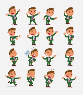 Çizgi film karakteri iş adamı. Farklı duruş, tutum ve pozlarla belirlenmiş, izole vektör illüstrasyonlarında farklı aktiviteler yapan.