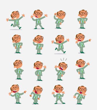 Çizgi film karakteri iş adamı. Farklı duruş, tutum ve pozlarla belirlenmiş, izole vektör illüstrasyonlarında farklı aktiviteler yapan.