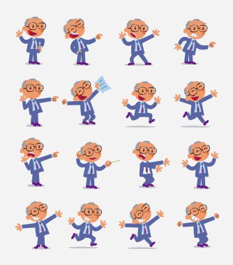 Çizgi film karakteri iş adamı. Farklı duruş, tutum ve pozlarla belirlenmiş, izole vektör illüstrasyonlarında farklı aktiviteler yapan.