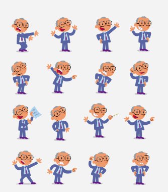 Çizgi film karakteri iş adamı. Farklı duruş, tutum ve pozlarla belirlenmiş, izole vektör illüstrasyonlarında farklı aktiviteler yapan.