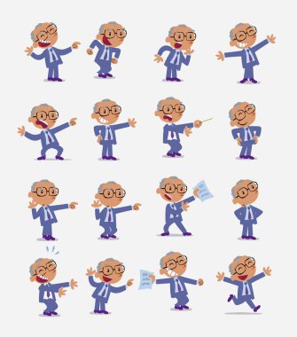 Çizgi film karakteri iş adamı. Farklı duruş, tutum ve pozlarla belirlenmiş, izole vektör illüstrasyonlarında farklı aktiviteler yapan.