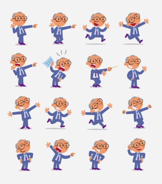 Çizgi film karakteri iş adamı. Farklı duruş, tutum ve pozlarla belirlenmiş, izole vektör illüstrasyonlarında farklı aktiviteler yapan.