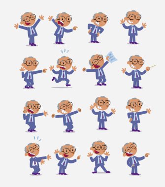Çizgi film karakteri iş adamı. Farklı duruş, tutum ve pozlarla belirlenmiş, izole vektör illüstrasyonlarında farklı aktiviteler yapan.