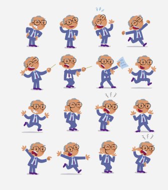 Çizgi film karakteri iş adamı. Farklı duruş, tutum ve pozlarla belirlenmiş, izole vektör illüstrasyonlarında farklı aktiviteler yapan.