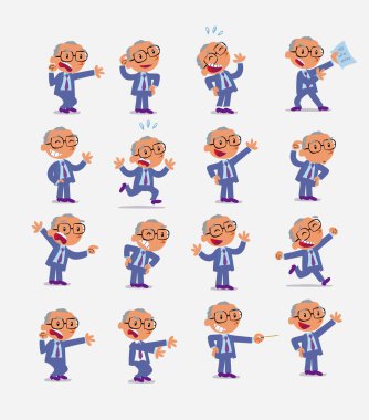 Çizgi film karakteri iş adamı. Farklı duruş, tutum ve pozlarla belirlenmiş, izole vektör illüstrasyonlarında farklı aktiviteler yapan.