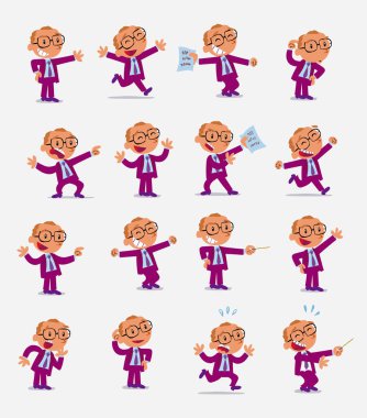 Çizgi film karakteri iş adamı. Farklı duruş, tutum ve pozlarla belirlenmiş, izole vektör illüstrasyonlarında farklı aktiviteler yapan.