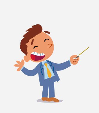 Çizgi film karakteri bir işaretçiyle kenarı işaret ederken mutludur.