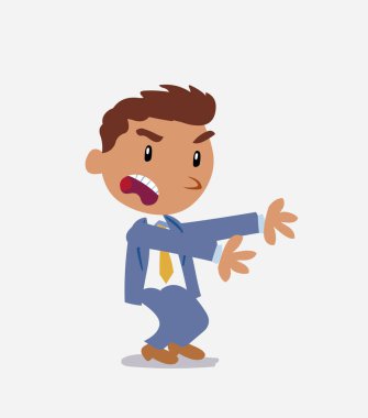 Çok kızgın bir çizgi film karakteri olan işadamı bir şeyi işaret ediyor.