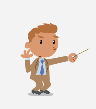 Çizgi film karakteri iş adamının şüphesi bir işaretçiyle kenarı işaret ederken