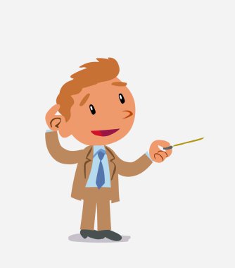 İşadamı şüphesinin çizgi film karakteri bir işaretçiyle işaret ederken