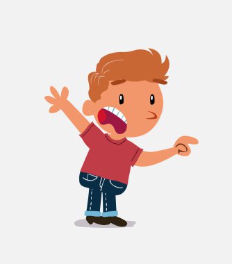 Çizgi film karakteri, kot pantolonlu küçük bir çocuk. Öfkeli bir şeyi işaret ediyor.