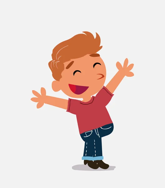 Personaje Dibujos Animados Niño Jeans Celebrando Algo Con Alegría — Vector de stock