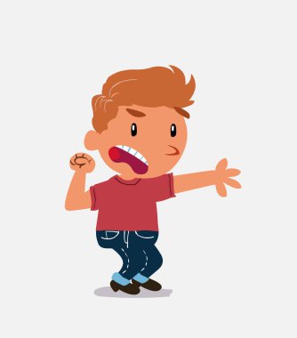 Çok kızgın bir çizgi film karakteri olan kot pantolonlu küçük bir çocuk bir şeyi işaret ediyor.