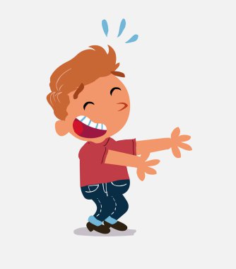 Çizgi film karakteri kot pantolonlu küçük bir çocuk bir şeyler gösterirken çok gülüyor.