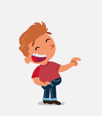 Çizgi film karakteri kot pantolonlu çocuk gülerken onun tarafını gösteriyor.