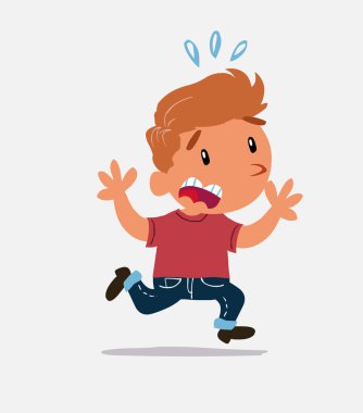 Çizgi film karakteri kot pantolonlu küçük çocuk dehşet içinde kaçıyor.